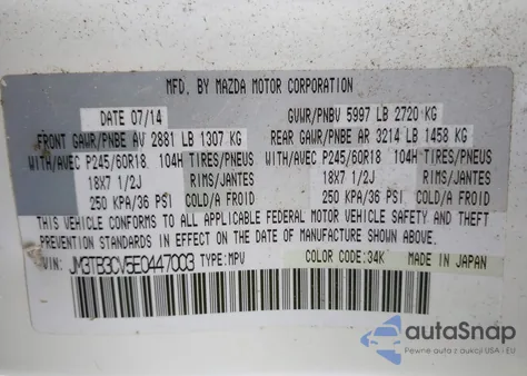 2014 Mazda Cx-9 Touring z USA, uszkodzony, nr VIN JM3TB3CV5E0447003